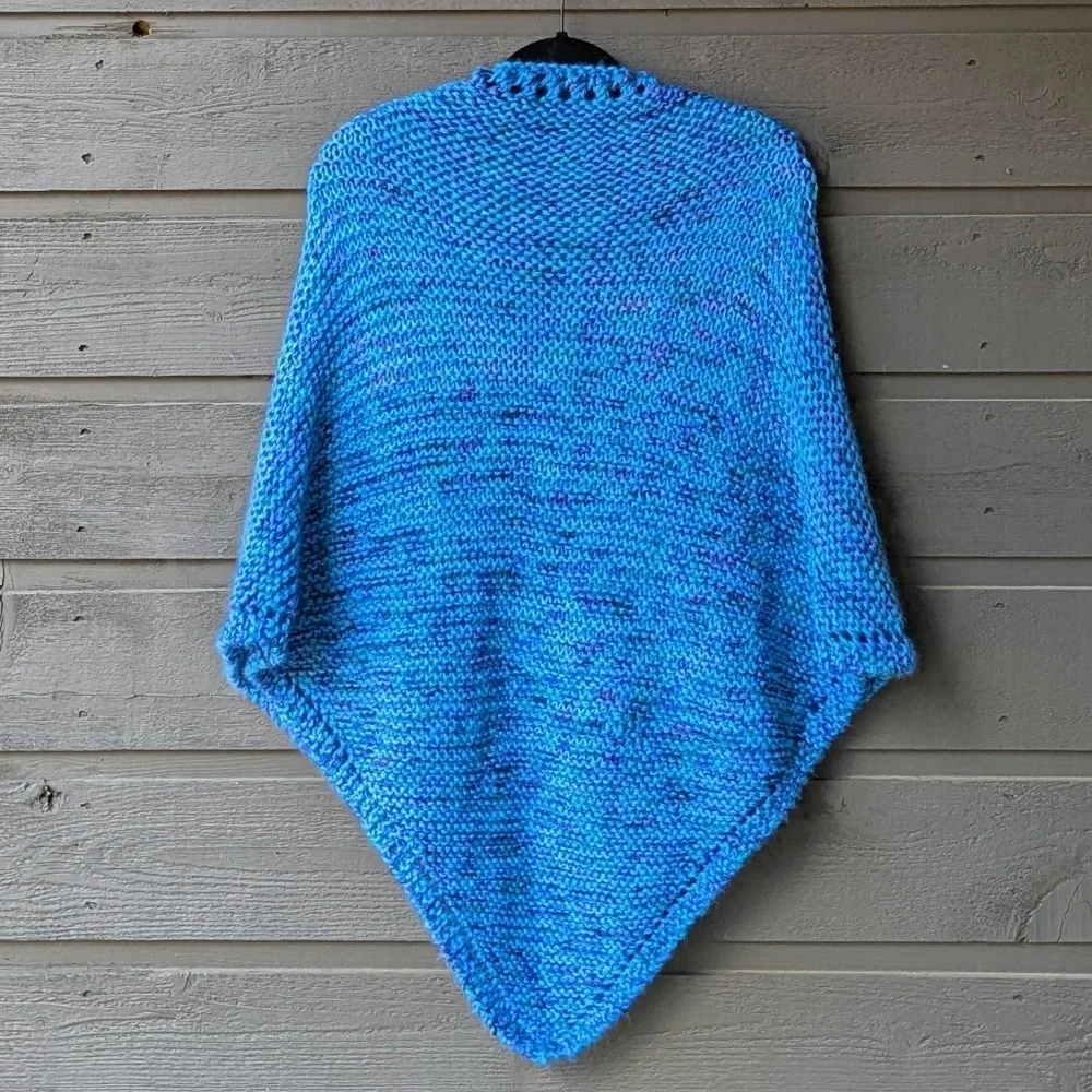 Handknit Marled Aqua Blue Large Triangle Shawl Scarf